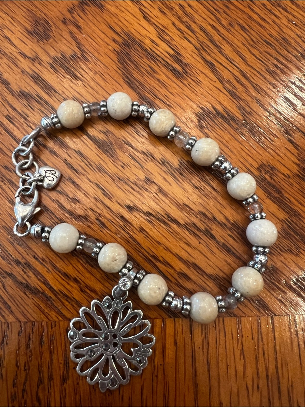 Brighton Cream Beaded Bracelet with Silver Floral Pendant